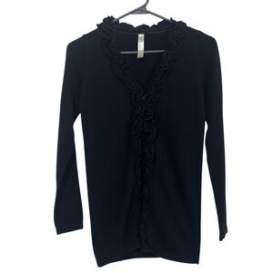 Cherokee Black 100% Cotton Ruffle Trim V-Neck Longline Cardigan Sweater